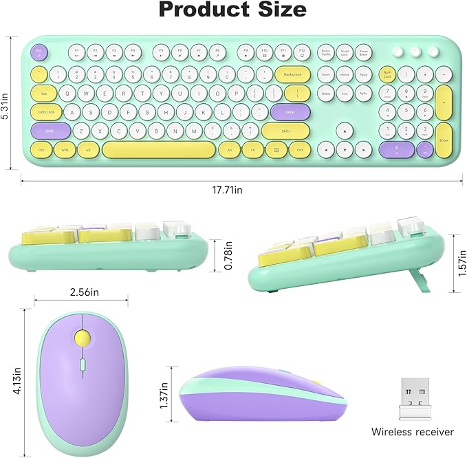 MOFII Wireless Keyboard and Mouse Combo - Pale Mint Full Sized Plug and Play Colorful Computer Keyboards - 104 Keys Round Keycap USB 2.4G Cute Keyboard for Windows/Laptop/Mac/Desktop/PC