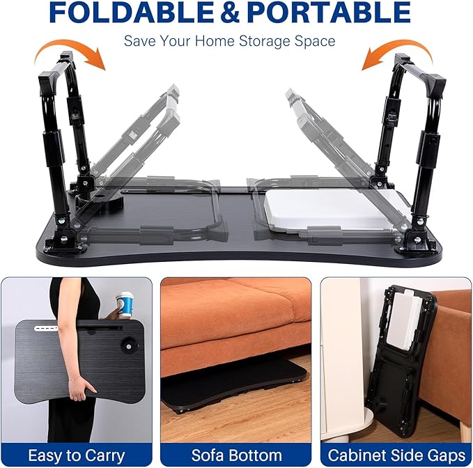 BYMECOST Laptop Desk for Bed, Height Adjustable Laptop Bed Table, Foldable Portable Lap Desk Stand with USB/Storage Drawer/Cup Holder/Slot, Breakfast Tray for Working Reading Writing Eating