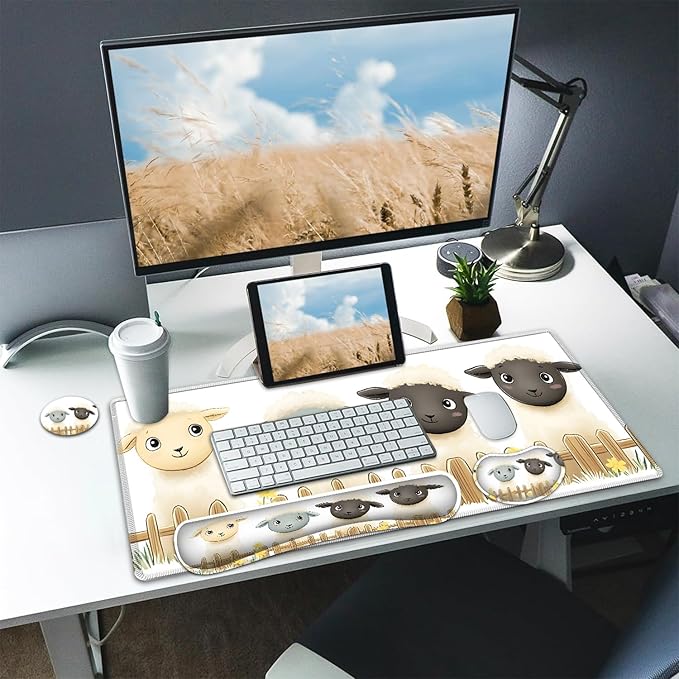 Large Mouse pad and Keyboard Support Set, Ergonomic Memory Foam Keyboard Wrist Rest, Extended Gaming Mouse Pad with Stitched Edges, Cute Little Lamb White XXL Desk Mat (31.5 X 11.8 in)