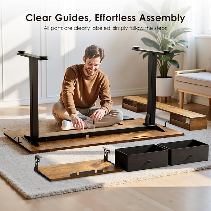 OffiGo U Shaped Electric Standing Desk with Drawers, 55 Inch Height Adjustable Desk with Keyboard Tray & Ergonomic Monitor Stand, Sit Stand Table with Power Outlets for Home, Office, Rustic Brown