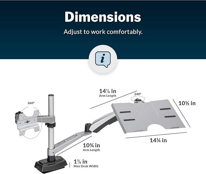 Vari Monitor Arm & Laptop Stand - VESA Compatible Mount with 360 Degree Rotation & 15" Laptop Stand with Adjustable Height, Monitors up to 27 inches, 19.8 lbs Capacity - Single Monitor & Laptop Holder