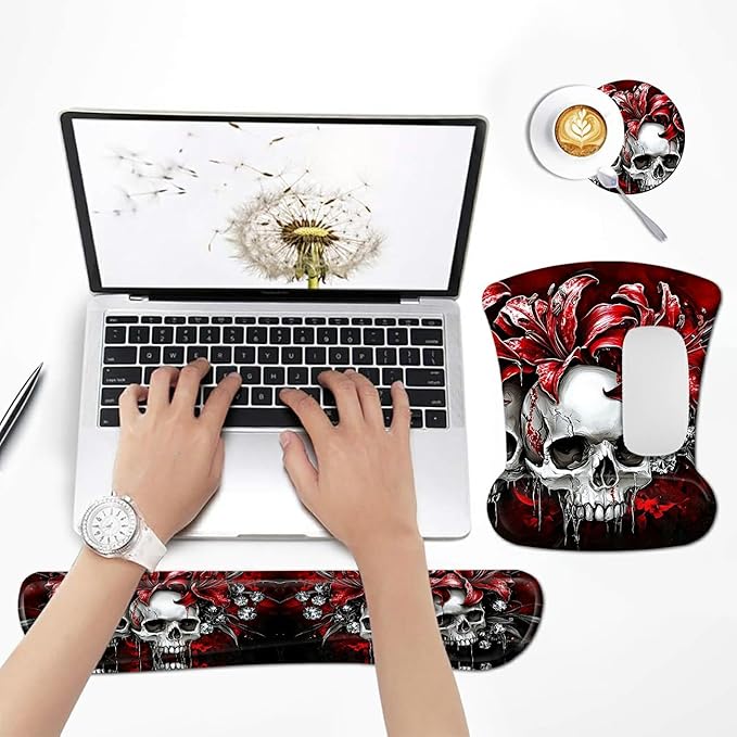 Ergonomic Mouse Pad with Wrist Support Gel Mousepads and Upgrade Keyboard Wrist Rest Pad Set, Coasters Non-Slip PU Base Mouse Mat for Office Gaming Computer Laptop Home, Red Flower Skull