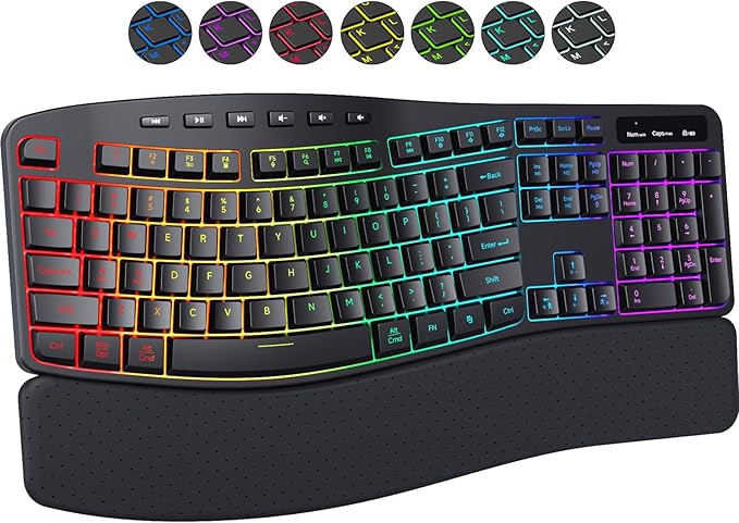 Wireless RGB Backlit Keyboard, 2500mAh Rechargeable Keyboard with 15 RGB Lighting Effects, 5 Brightness Modes, Multimedia Keys, Silent Ergonomic Keyboard for PC Computer Laptop Windows Mac