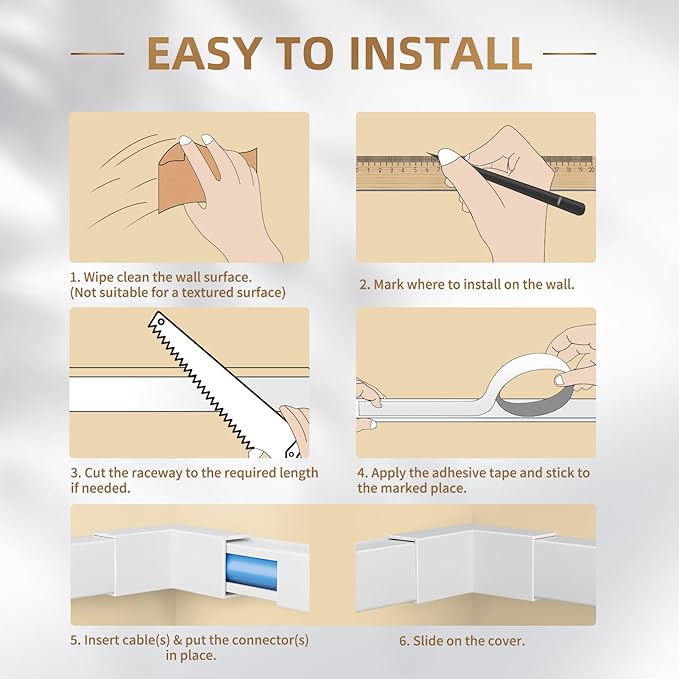 Delamu Cord Cover, 142in Wire Covers for Cords on Wall, Small Cord Cable Hider for 1 Wire, Ease Installation Cords Hider for Wall Mount TV, Paintable Cable Cover Raceway, L15.7 W0.59 H0.4in, White