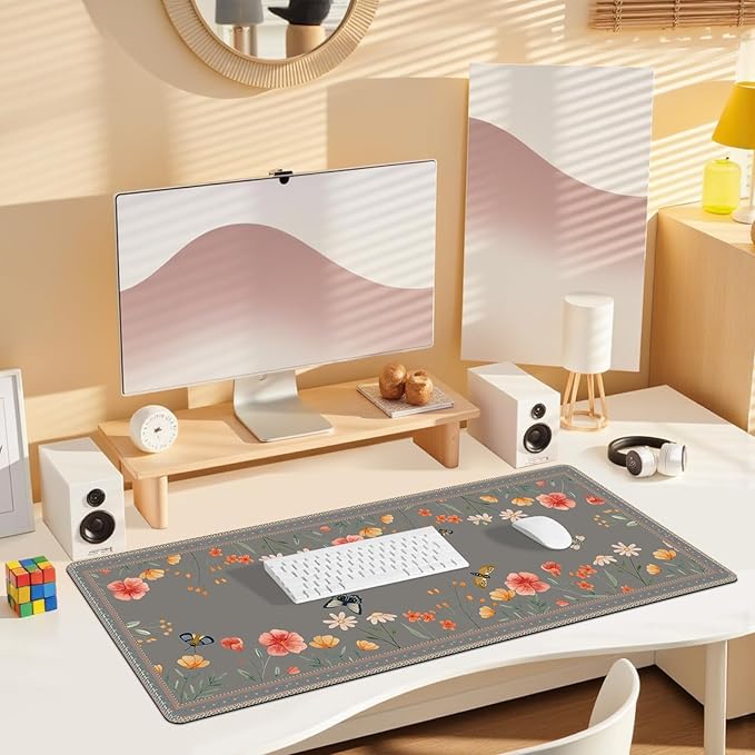Desk Pad for Keyboard and Mouse, Large Mouse Pad for Desk, Non-Slip Keyboard Mat, Computer Mats for Desk, Cute Desk Pad with Stitched Edges for Office, Gaming I Brown Butterflies Flowers