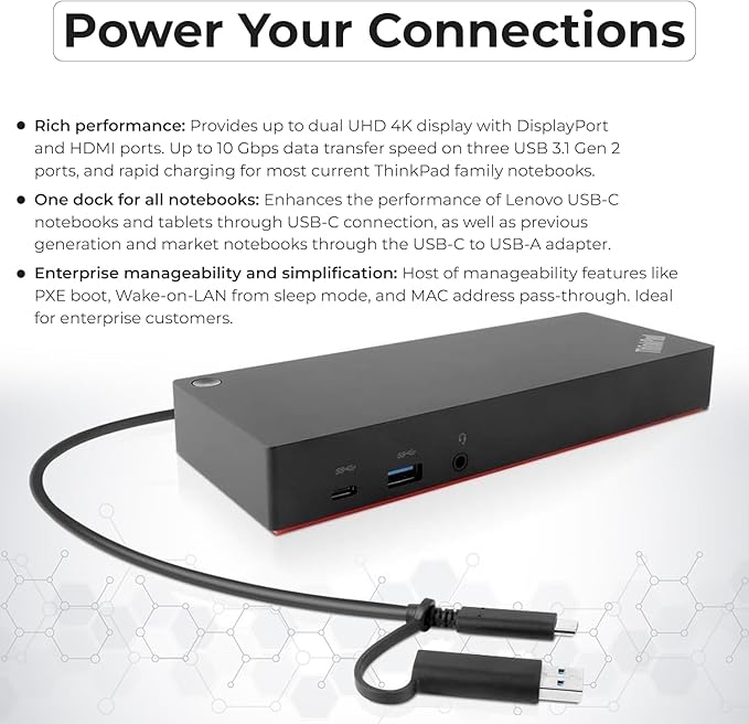 40AF0135US Lenovo Docking Station Dual Monitor Hybrid USB-C with USB-A - 1 Year Warranty, Thinkpad Dock w/ 135W Adapter, ANYHDD HDMI, DisplayPort, USB-C Cables, Cloth - Lenovo Laptop Docking Station