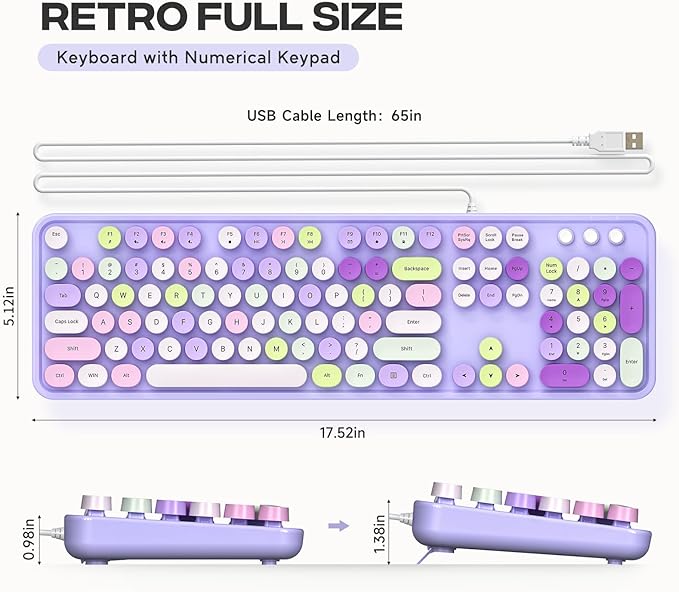 KNOWSQT Wired Computer Keyboard - Purple Colorful Retro Full Size Round Keycaps Plug and Play Typewriter Cute Keyboards for Windows, Laptop, PC, Desktop, Computer