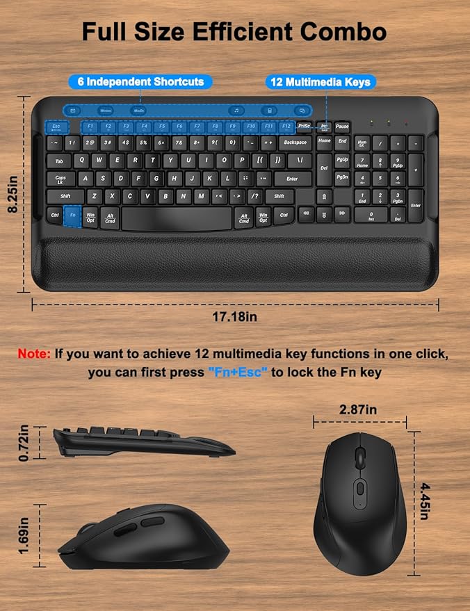 Ergonomic Wireless Keyboard and Mouse Combo, Wave Keys, Full Size Silent Keyboard with Soft Palm Rest, 3 Level DPI, 2.4G Cordless Computer Keyboard Mouse for PC, Laptop, Desktop, Windows & Mac OS