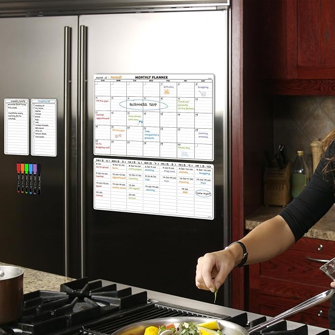 JJPRO Magnetic Dry Erase Calendar for Refrigerator-Reusable Monthly Calendar,Weekly Planner&to Do List for Fridge-Magnetic Monthly,Weekly Planner&List 2pcs-Starts Sunday-16.5x11"