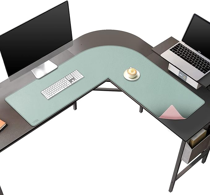 Vyaaa L Shaped Desk Mat, (39.4"+ 39.4") x 13" PU Leather Corner Desk Mat, Reversible L-Shape Desk mat, XL Gaming Mouse Pad for Computer, Gaming, Writing, Home and Office(Green and Pink)