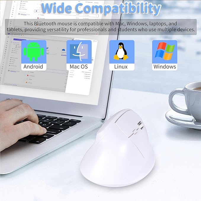 Bluetooth Wireless Vertical Mouse - Ergonomic Design, Rechargeable with Type-C, Silent Operation for Office and Home Use, Ideal for Professionals & Students (White)