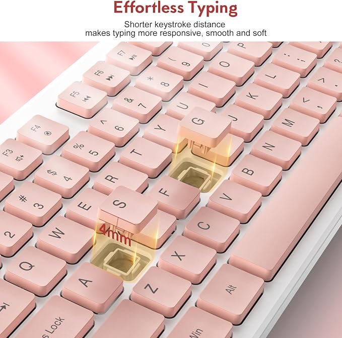Trueque Wireless Keyboard and Mouse Combo - Full-Size Quiet Keyboard with Palm Rest, Phone Holder, Multimedia Keys, Power Switch, Batteries Included, Compatible with Windows, PC, Laptop (Pink & White)