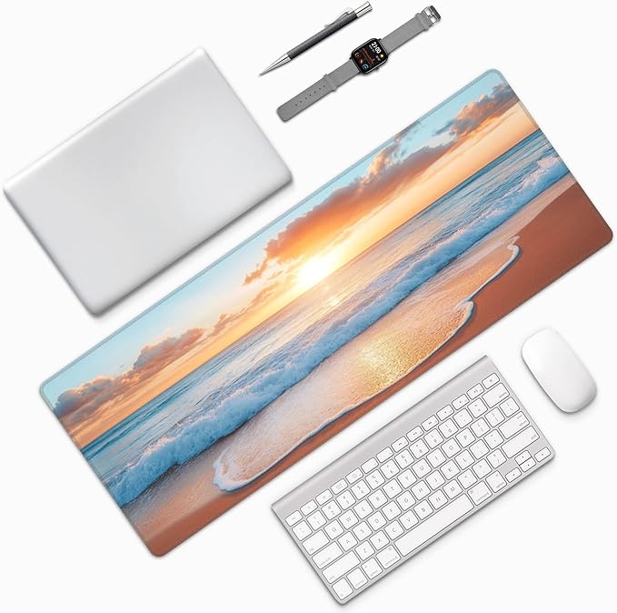 Beach Desk Mat Large Gaming Mouse Pad Beach Extended Mousepad Big in Laptop Computer Mouse Keyboard Mat for Office Desk Decor 31.5x12 in