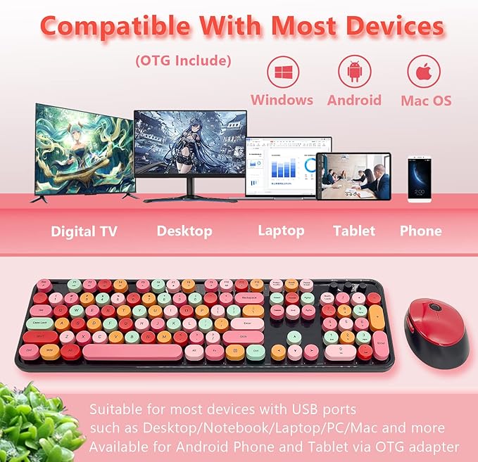 Wireless Keyboard and Mouse Combo, Ergonomic Cute Retro Typewriter Full Size Colorful USB Cordless Keyboard Mouse Set for Gaming and Office (Red)