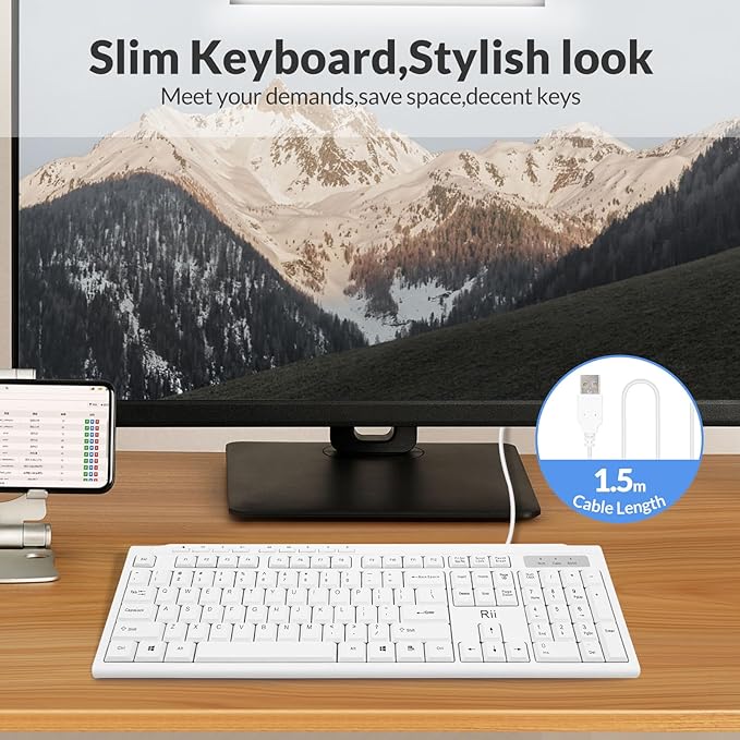 Rii RK907 Ultra-Slim Compact USB Wired Keyboard for Mac and PC,Windows 10/8 / 7 / Vista/XP(White)