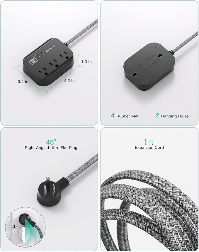 Travel Essentials - 1Ft Power Strip with USB, Compact Flat Plug Extension Cord with 3 Outlets 4 USB Ports, Non Surge Cruise Must Haves, Cruise Ship Essentials, Dorm Room, Apartment Essentials