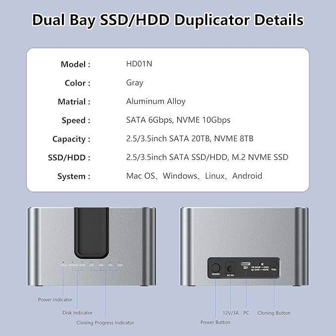 MiliPow Dual Bay Hard Drive Docking Station with Offline Cloning, SATA to NVMe Cloner for 2.5"/3.5" SATA HDD/SSD and M.2 NVMe SSD, UASP Supported, Up to 28TB