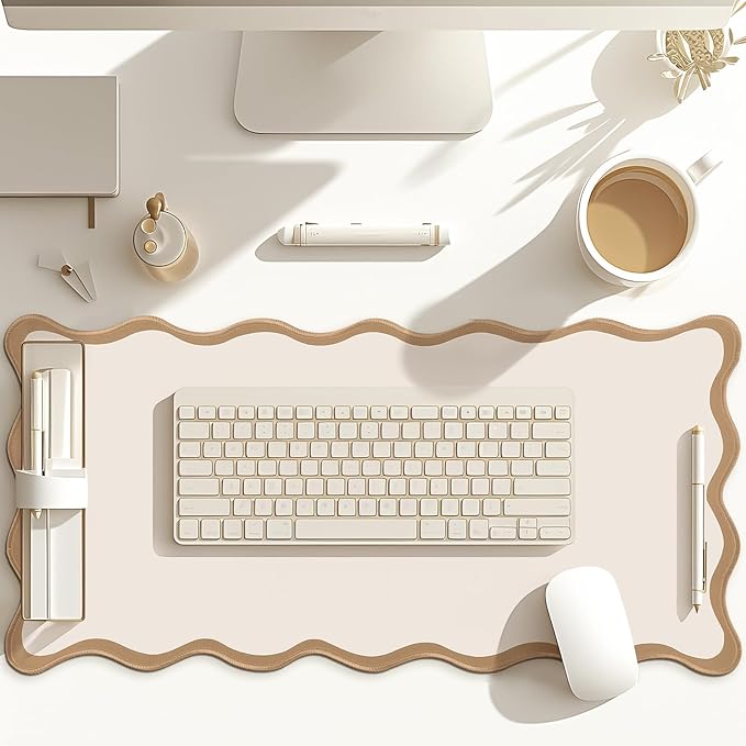 Scalloped Desk Mat Large Scalloped Piping Cute Desk Mat Aesthetic Preppy Table Pad Large Nonslip Pad with Edge Stitching Waterproof Gaming(Beige,31.5 x 15.75 Inches)