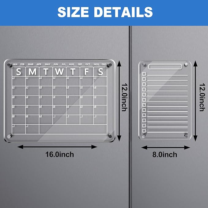 Acrylic Magnetic Monthly and to Do List for Fridge, Acrylic Clear Magnetic Dry Erase Board Calendar for Refrigerator, Reusable Planning Board, Planner Includes 6 Dry Erase Markers (16"x12"+ 8"x12")