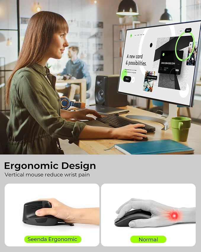 seenda Ergonomic Mouse Rechargeable, Multi-Device Connection(2.4G&Type C, Vertical Wireless Mouse with Instant Desktop Return Key, Palm Rest, Anti-Slip Optical Mice for Mac OS, Windows, Black