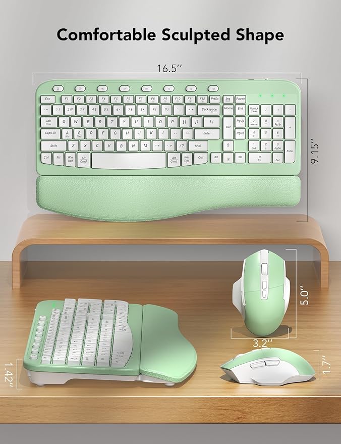 SABLUTE Wireless Keyboard and Mouse Combo, Ergonomic Wave Keys, Cushioned Plam Rest, Comfortable Silent Natural Typing, 2.4G Lag-Free, MA12 Full Size Keyboards Set for Multi-OS, Windows/Mac, Green