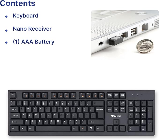 Verbatim Slimline Wireless Keyboard 2.4GHz USB Plug-and-Play Numeric Keypad Adjustable Tilt Legs Wireless Full-Size Computer Keyboard Compatible with PC, Laptop -Frustration Free Packaging Black 70738