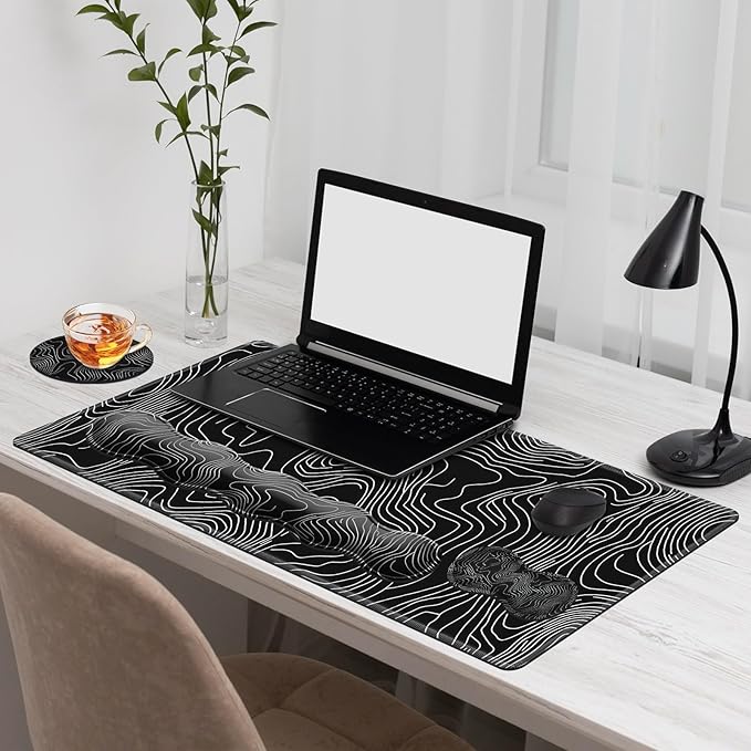 Gaming Mouse Pad Set, Map Lines Vector Large Desk Mat Mousepad, Keyboard Wrist Support, Mouse Wrist Rest, Coaster 4in1 Ergonomic Memory Foam, Non-Slip Stitched Edge for Home Office
