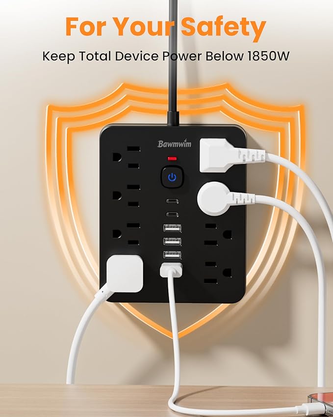 Surge Protector Power Strip, 8 Outlets(1850W/15A), 6 USB Charging Ports(2 USB C), 6FT Flat Plug Extension Cord Outlet Extender with Overload Protection, ETL Certified for Office, Dorm Room