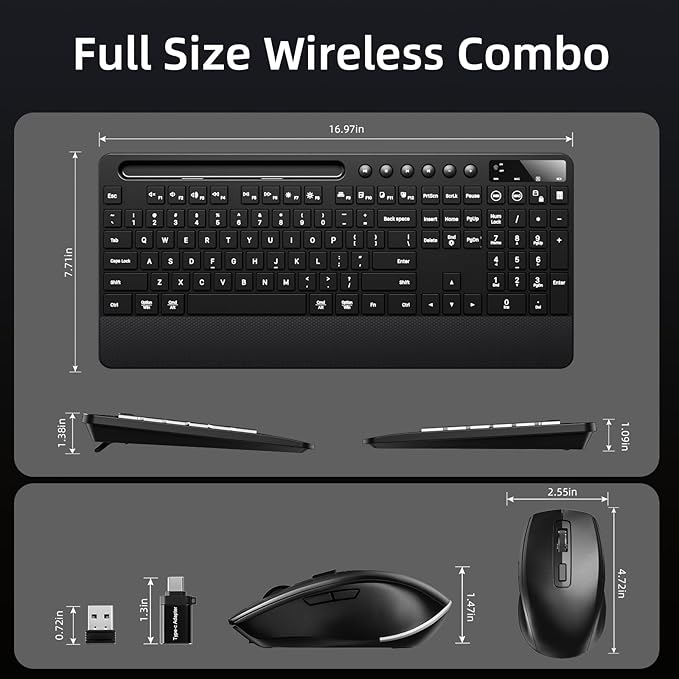 Hamile Wireless Keyboard and Mouse Combo:RGB Backlit Effects,Ergonomic Full Size Silent Keyboard,Wrist Rest,2.4G Rechargeable with Phone Holder Compatible with Windows, Mac,PC,Laptop, Black