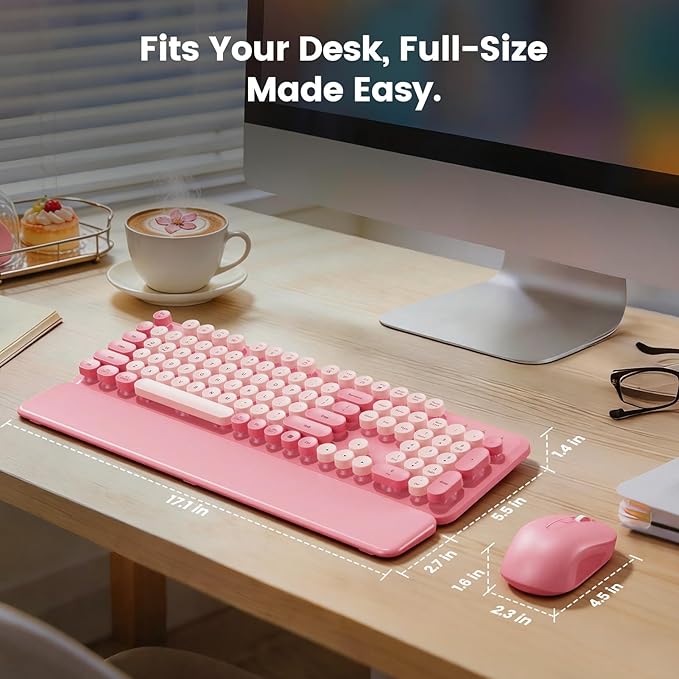 Wireless Keyboard and Mouse Combo with Magnetic Wrist Rest & Round Keycaps, Full-Size Retro Typewriter-Style, Adjustable Tilt Legs, Auto-Sleep, 2.4G Wireless for Windows Mac Laptop PC - Bubblegum Pink