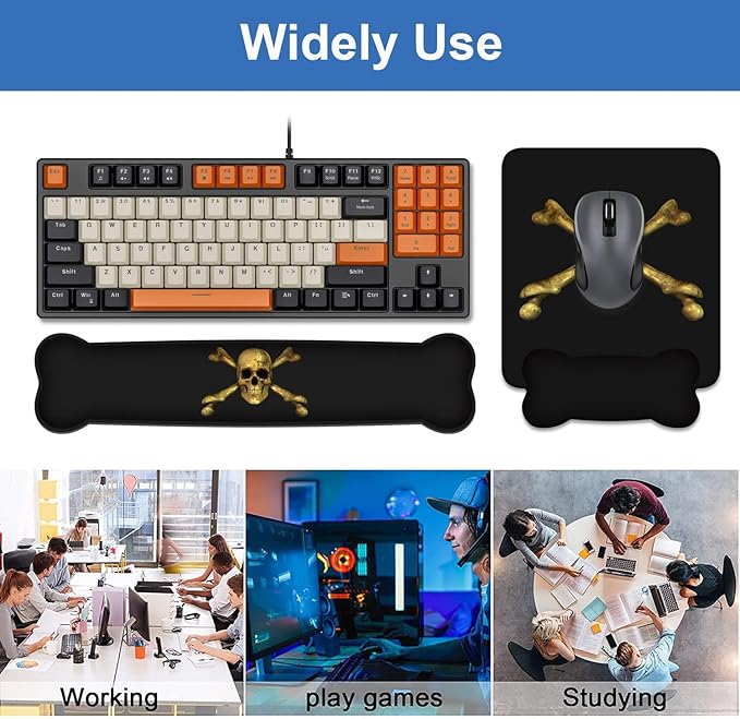 Wrist Rest Support Ergonomic Gel Mouse Pad & Memory Foam Keyboard Set, Non-Slip Rubber PU Base for Home Office Working Studying Easy Typing & Pain Relief, Skull