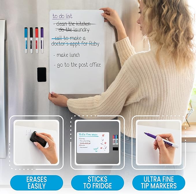 Cinch! Magnetic Whiteboard for Fridge 29 x 21 Inch - Stain-Resistant Dry Erase Board with 4 Fine Tip Markers and Large Eraser - Fridge Whiteboard Planner and Organizer for Kitchen or Office Use