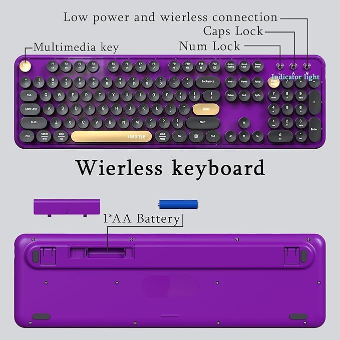Colorful Wireless Computer Keyboards Mouse Combos, UBOTIE Polychrome Round Keycaps Retro PC Keyboards 2.4GHz Radio Frequency Connection with Optical Mouse(Black Purple)
