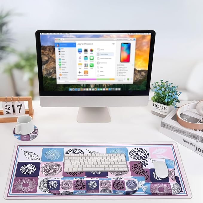 MEGREZ 4-in-1 Ergonomic Memory Foam Wrist Rest Set, Desk Pad, Mouse Pad with Wrist Rest, Keyboard Pad, Suitable for Office Workers, Programmers & Gamers–Relieve Typing & Gaming Fatigue, Color Grid