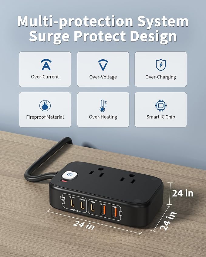 7-in-1 USB Power Strip, 85W Charging Station 5FT Extension Cord with Multiple Outlets with 3 USB-C, 2 USB-A Ports and 2500W AC Outlet for Home/Office/College/Travel (Black)