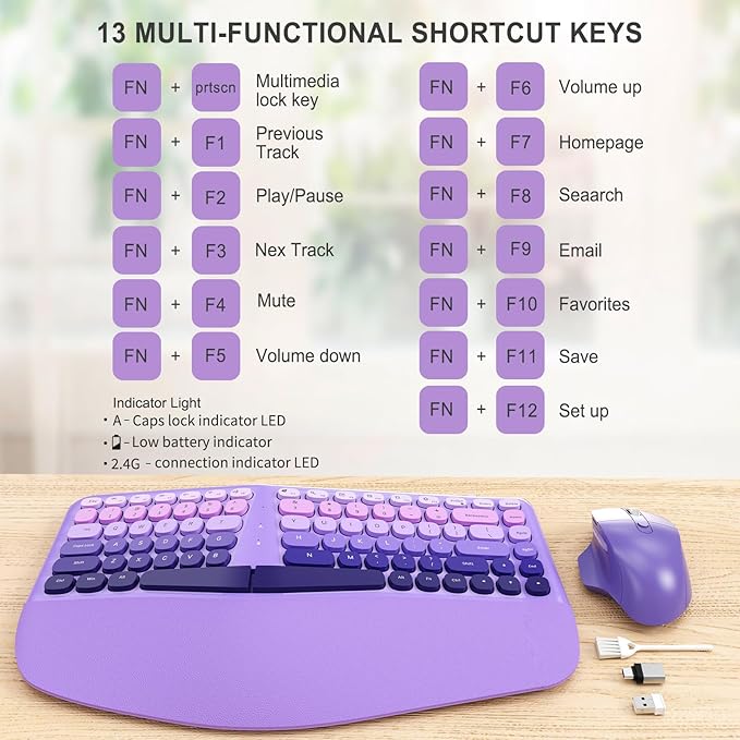 Ergonomic Wireless Keyboard and Mouse, Mechanical Gaming Set with Wrist Rest & OTG & Brush Ideal for Windows PC, Home, Office and College Purple