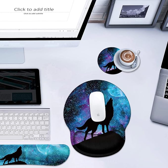 Keyboard Wrist Rest and Mouse Wrist Rest Pad Set with Coasters, Ergonomic Support, Non-Slip PU Base, Easy Typing and Relieve Wrist Pain, Perfect for Home Office Working Studying, Galaxy Nebula Wolf