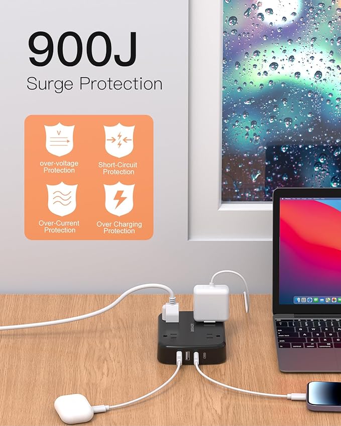 10FT Surge Protector Power Strip, BESHON Flat Extension Cord with 2 USB C, Flat Plug Power Strip, 4 Widely Outlets and 4 USB Charging Ports, 900 Joules, for Home Office Dorm Room Essentials,Black
