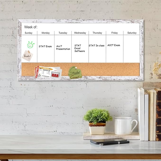 Magnetic Weekly Dry Erase White Board and Cork Board, White Wood Frame,Magnetic Surface Whiteboard for Home Office and Wall Decor(ZHZL-3060WH)