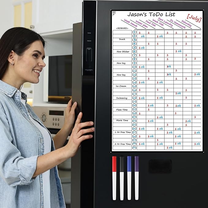Multi-Use Magnetic to Do List White Board Chore Chart List for Refrigerator 17.3x11'' Goal Task Habit Tracker Monthly Weekly Homework Child Calendar Family Grocery Fridge Dry Erase Board