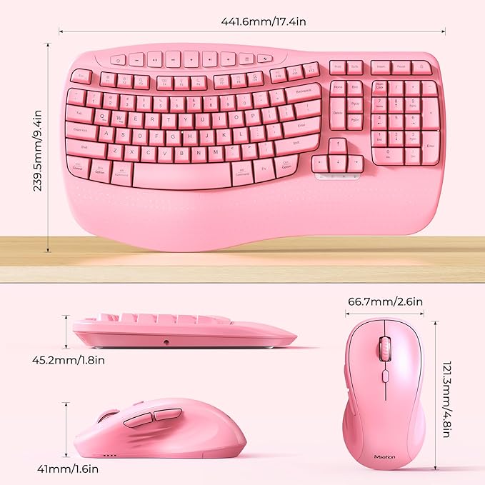 MEETION Ergonomic Keyboard and Mouse Wireless, Wave Keys Natural Typing, 2.4G Wireless Keyboard with Wrist Rest, 4 Adjustable DPI Mouse, Computer/Laptop/Windows/Mac, Pink