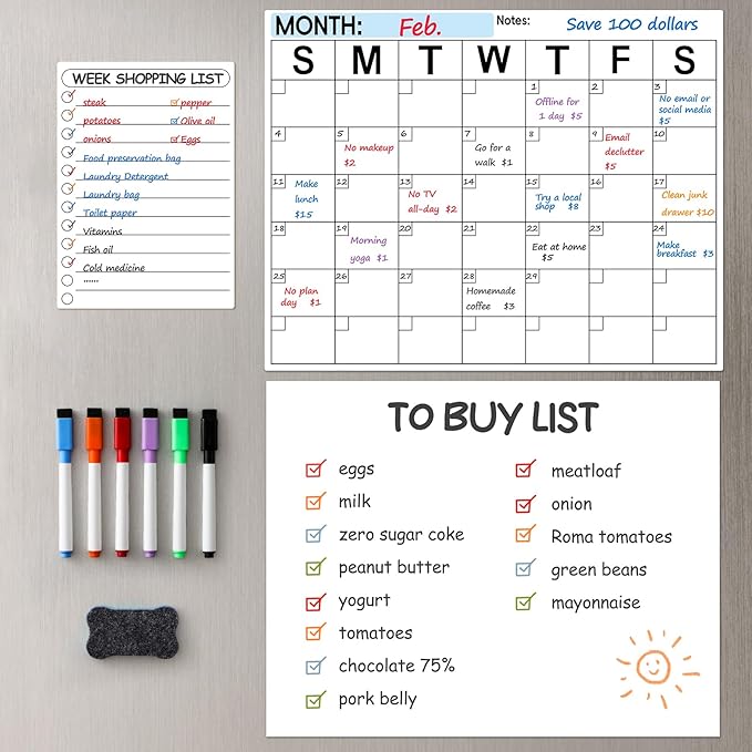 Dry Erase Magnetic Calendar for Refrigerator, 3 Pack- Monthly & Blank & Daily Planner Magnet Whiteboard for Fridge Wall - Shopping, Meal/Menu, to Do List, Family Schedule Planning Board (10HB-RIKO3)