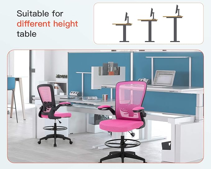 BestOffice Drafting Chair Tall Office Chair Adjustable Height with Lumbar Support Arms Footrest Mid Back Standing Desk Chair with Swivel Rolling Mesh Stool Pink