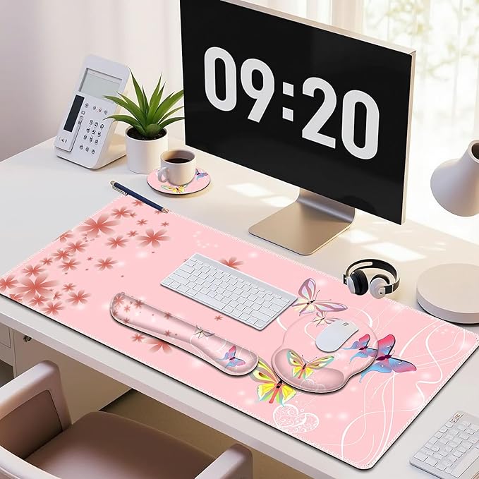 Peach Pink Butterflies Florals Mouse Pad, XXL Large Desk Mat Extended Reading Desk pad, 4 PCS Non-Slip Rubber Base Computer Big Mousepads for Work, Game, Office, Home Decor Cute Girls Woemn Gifts