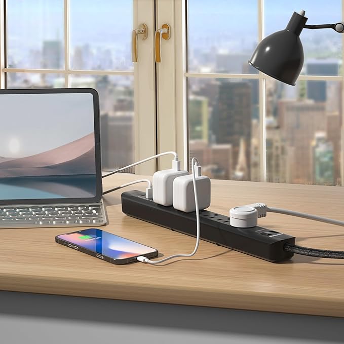 2 Pack Power Strip Surge Protector - 10 Ft Extension Cord with 6 Outlets with 3USB Ports(1 USB C) Port,1875W/15A, Flat Plug, Wall Mount Desk Charging Station for Home Office