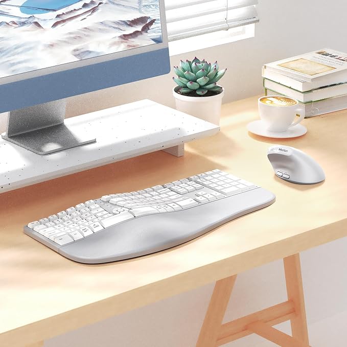 MEETION Ergonomic Keyboard and Mouse, Wireless Keyboard with Vertical Mouse, Split Curved Keyboard with Wrist Rest, Natural Typing Rechargeable Full Size, Windows/Mac/Computer/Laptop, Gray