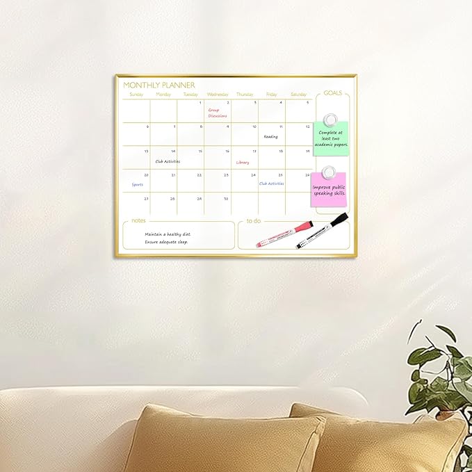 Dry Erase Calendar Whiteboard for Wall, 24'' x 18'' Monthly White Board Planner with Gold Frame, Magetic Hanging Wipe Board for Home Office School Dorm