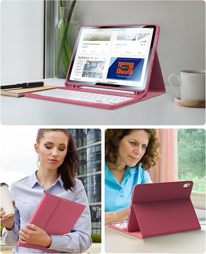 iPad 10th Generation Case with Keyboard for Apple 10th 2022 10.9" Keyboard Case with Pencil Holder, Rechargeable Detachable BT Keyboard for New iPad 11th(2025 A16) (HOT Pink)