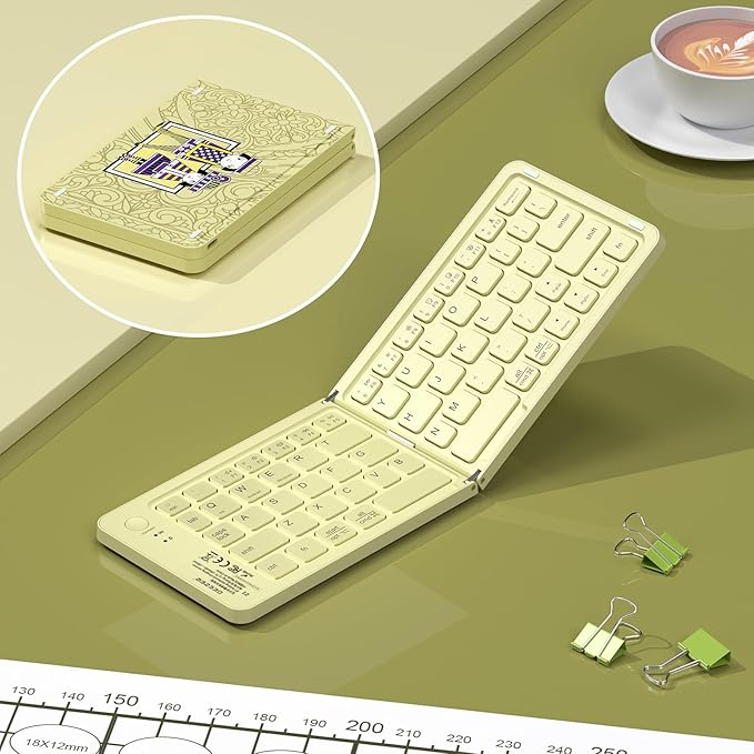 Foldable Mini Bluetooth Keyboard, Portable Compact Wireless Rechargeable Keyboard with 67 Slim Quiet Keys, Cute Pocket-Sized Travel Keyboard for iPad iPhone Android Tablet Mac Windows-Beige