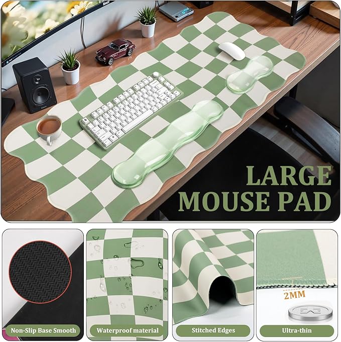 L-SPOUTTO Green Checkered Mouse Pad Set,Scalloped XXL Desk Mat + Ergonomic Mouse Wrist Rest + Gel Keyboard Wrist Rest for Keyboard 65%/75%,3in1 Large Desk Pad for Desktop Home Office Computer Game